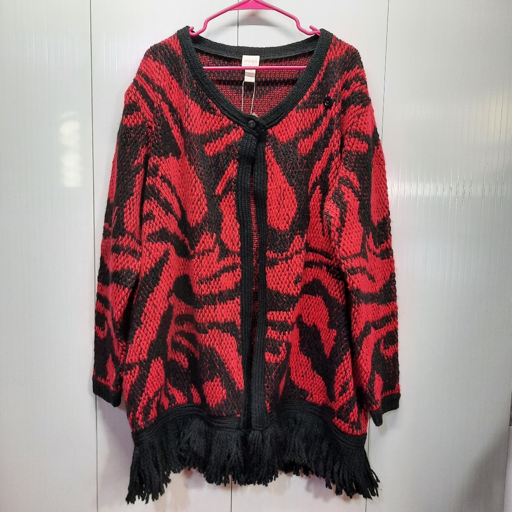 Chico's Abstract Cardigan Fringe Hem Women's size 2 M